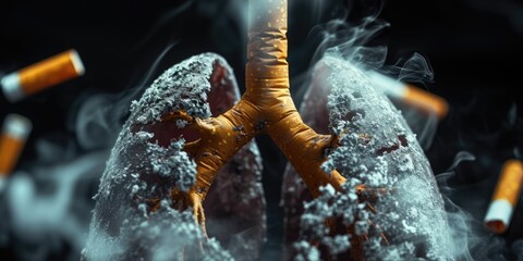 human lungs damaged by smoking cigarettes on dark background - obrazy, fototapety, plakaty