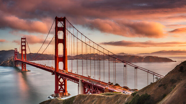 Iconic San Francisco Landmark: Golden Gate Bridge in the Warm Glow of Sunset Light Against a Cloudy Horizon