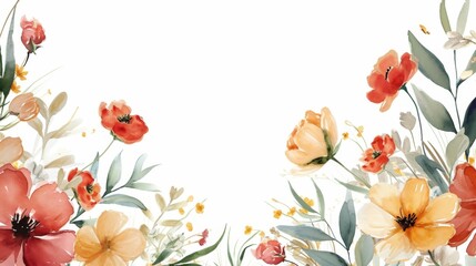 Watercolor floral border with red and yellow flowers on a white background, wedding boho decor