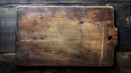 An old wooden cutting board with a used, worn texture on a striped wood table.