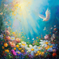 Vibrant painting of a sunlit garden with a dove in flight, bursting with colorful flowers and the radiant glow of a peaceful morning