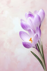 Elegant watercolor crocuses in shades of purple with delicate orange stamens, gracefully positioned against a soft, white background with ample negative space.