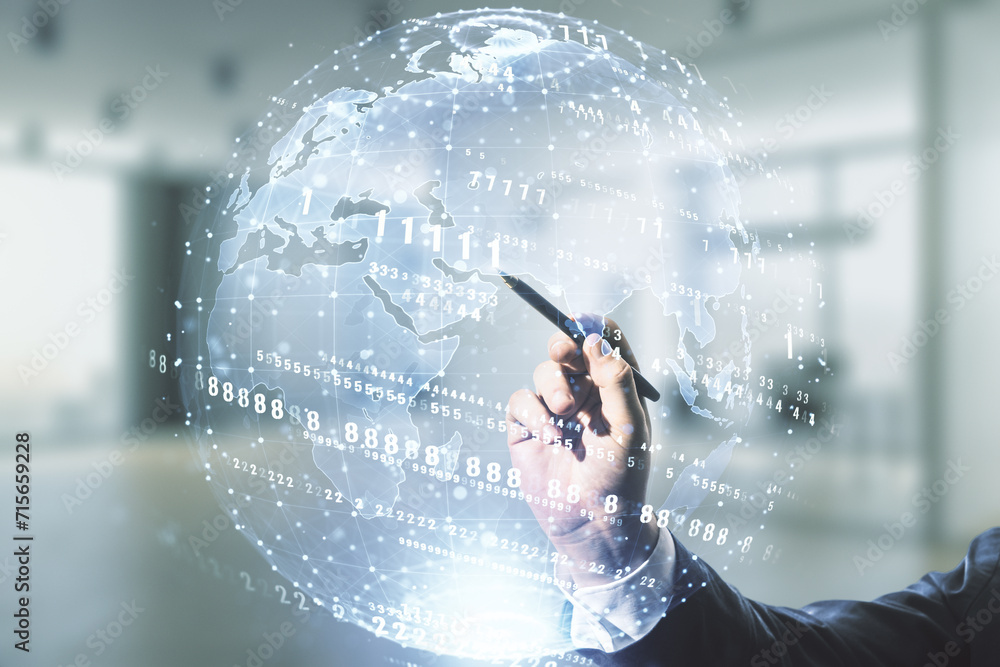 Poster man hand with pen working with abstract virtual coding concept and world map on blurred office backg