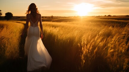 Woman in an elegant white dress in a field at sunset. Neural network AI generated art