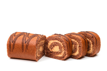 Sponge roll with chocolate cream, on a white background