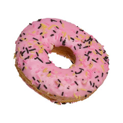 Donut covered with pink glaze and sprinkled with colorful sprinkles on isolated background