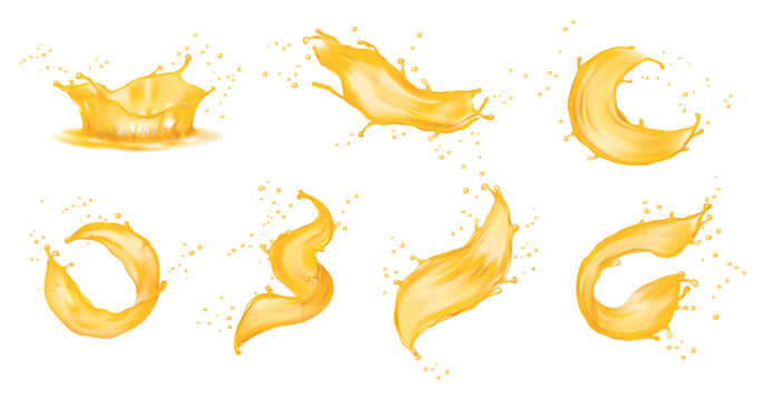 Splash of juice or yellow water isolated realistic juice splashes. Vector set of liquid waves of falling and flowing beer, orange, mango or lemon juice, oil, soda or honey. Juicy drops