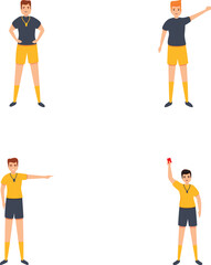 Soccer referee icons set cartoon vector. Football referee in action. Competition, sport