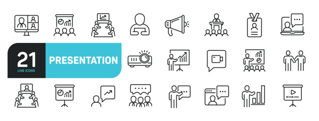 Set of line icons related to presentation, meeting, conference, seminar. Outline icons collection. Editable stroke. Vector illustration.