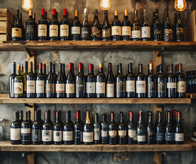 Soft-focus wine shop wall with bottles on shelf, creating a classy and elegant atmosphere for retail or interior design purposes. - obrazy, fototapety, plakaty