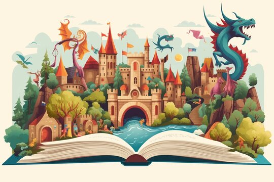 Illustration of an open book with castles and dragons. Poster for children's fantasy books