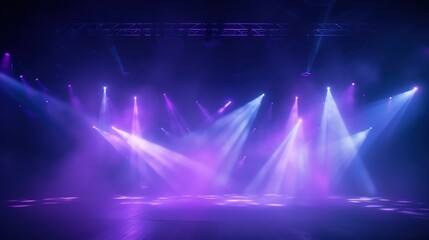 Stage Light with Blue Cyan Purple Spotlights and Smoke. Concert and Theatre Dark Scene

