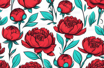 Red peony flowers pattern on white background.
