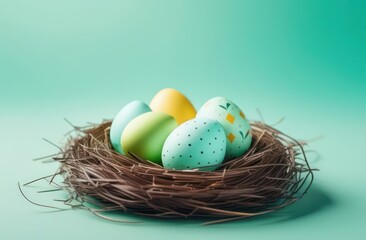 Fototapeta premium Easter banner with nest and multi-colored eggs on a turquoise background. Easter concept, zoology, birds