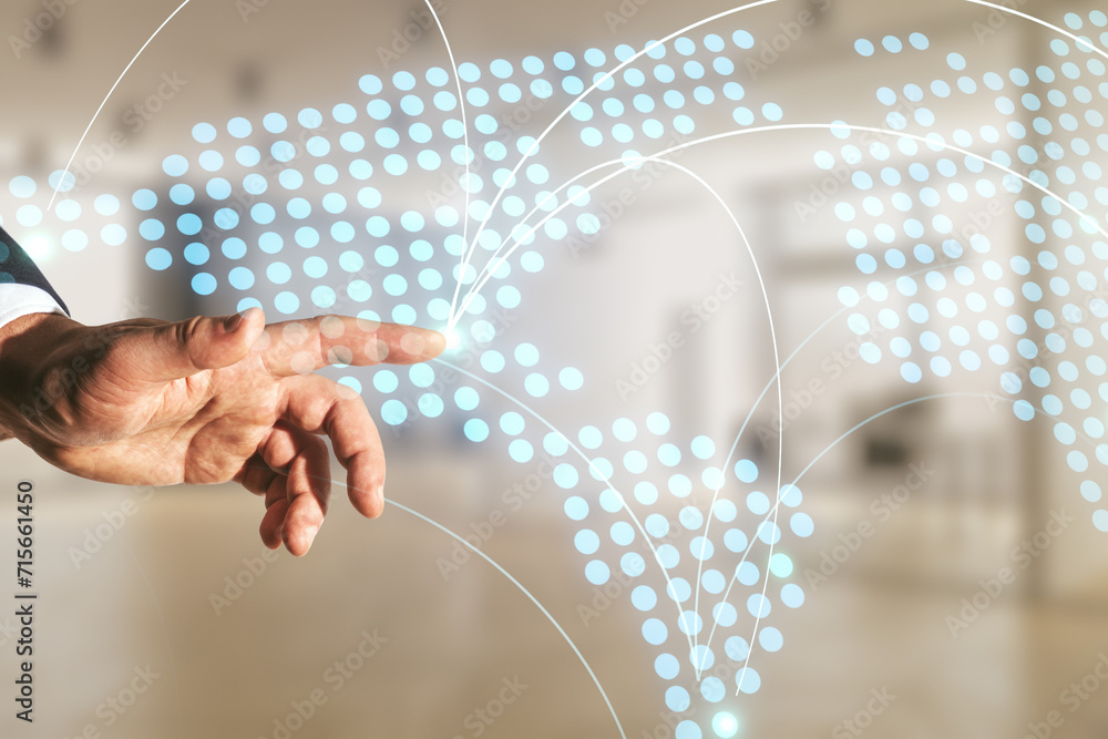 Poster man hand working with abstract virtual world map with connections on blurred office background, inte
