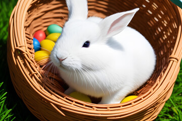 Easter bunny and Easter eggs on green grass field spring meadow