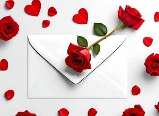 Greeting card with love letter envelope in a lovely background with a beautiful rose and hearts, banner and lovely greeting card background