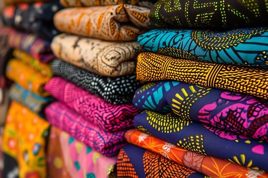 Close-up image of colorful African textiles and fabrics in a local market. Intricate patterns, textures, and rich colors. Black history month.