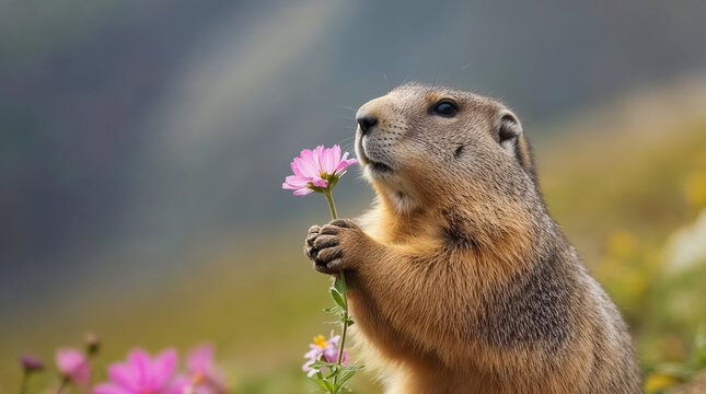une marmotte au printemps respire le parfum d'une petite fleur sauvage