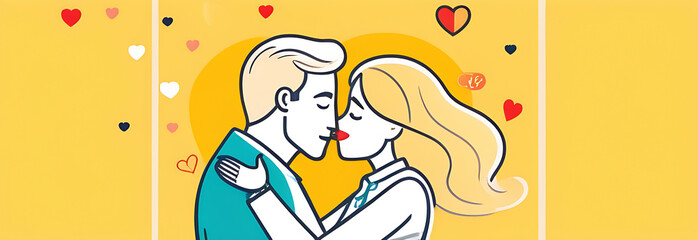 bride and groom kissing on a yellow background