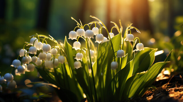 Close-up photo of lily of the valley in the forest with sunlight. Generative AI
