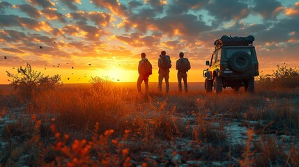 Friends in the roof of a car on a cliff in front of the sea with a beautiful orange-blue sky at sunset, view from a drone. Concept of vacations and travel