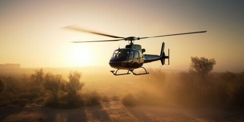 A helicopter flies in the sky. Generative AI. View of a flying helicopter. Beautiful sky. Helicopter high in the sky illuminated by the rays of the sun