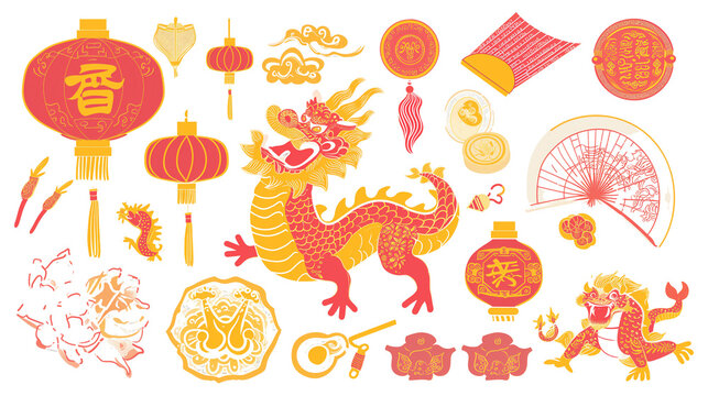 Chinese New Year Illustration Elements: Collection of Spring Festival Icons - Lanterns, Red Envelopes, Dragons, and More in a Minimalist Style.Asian chinese oriental elements to holiday illustration.