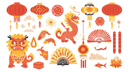 Chinese 2024 Spring Festival elements: Lanterns, Red Envelopes, Dragons, Firecrackers and ornaments traditional oriental style vector set. New Year's Atmosphere. Traditional holiday illustration.
