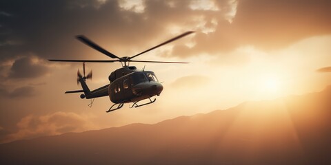A helicopter flies in the sky. Generative AI. View of a flying helicopter. Beautiful sky. Helicopter high in the sky illuminated by the rays of the sun