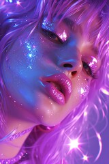 shiny portrait of a girl, glam 80s mood, disco style, looking at the camera, retro hairstyle and make up