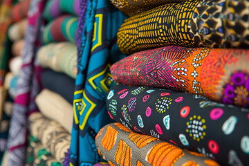 Close-up image of colorful African textiles and fabrics in a local market. Intricate patterns, textures, and rich colors. Black History Month.