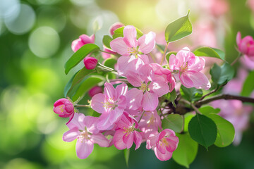 Beautiful pale pink flowers on spring green background.