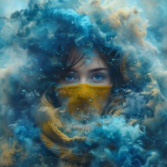Woman with blue eyes in blue cloud