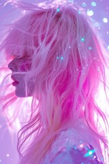 sparkle and shiny portrait of a pink blonded girl, 80s aesthetic, disco mood posing on camera