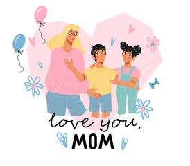 Mothers Day postcard template with cartoon characters of mom and kids. Banner or greeting card to wish a happy holiday and show love for mother, flat vector illustration.