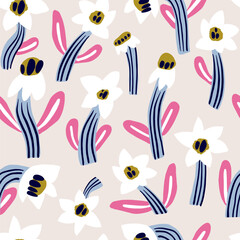 Creative floral seamless pattern design. Abstract botanical hand drawn texture. Perfect for fabric, textile, wrapping paper. Vector illustration