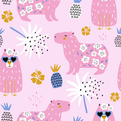 Seamless jangle pattern with cartoon cute capybara animal, palm, pineapple. Summer texture with funny animal. Vector texture - 715664627