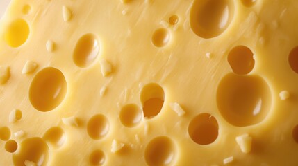 Block of Swiss medium-hard yellow cheese emmental or emmentaler with round holes.