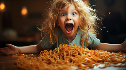 Cute little kid girl eating spaghetti bolognese or pasta macaroni bolognese at home. Happy child eating fresh cooked healthy meal with noodles. Generative Ai. - obrazy, fototapety, plakaty