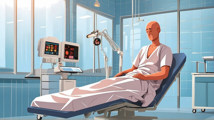 Patient suffer from cancer disease. Male character sleep on bed for radiation therapy for cancer. Idea of healthcare, oncology illness and medicine treatment. illustration cartoon style