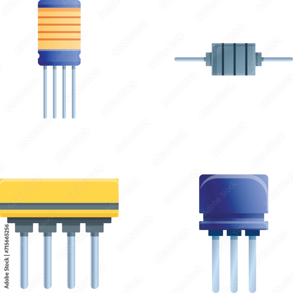 Poster capacitor icons set cartoon vector. capacitor and resistor. electronic component