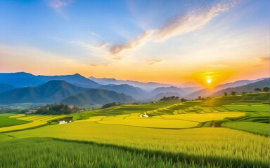 Fototapeta premium landscape view of rice fields on the mountain, with afternoon sunlight, landscape concept. Generative AI