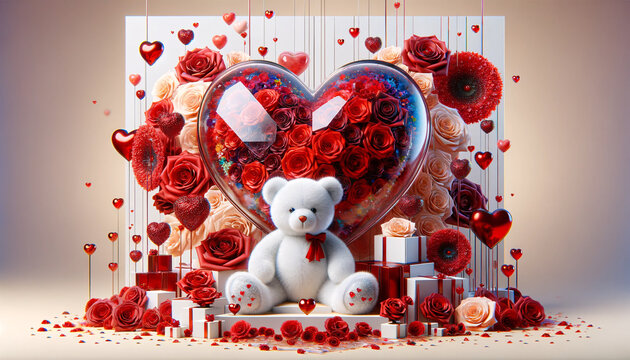 C&oelig;ur Rouge, Roses et Ourson en Peluche, id&eacute;al pour Saint Valentin, amour , mariage, carte d'invitation