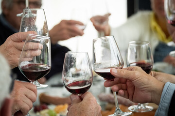 This image captures a social gathering where individuals are toasting with glasses of red wine. The...