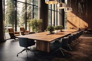 Modern wooden meeting room with conference furniture and decorations. Generative AI
