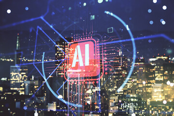 Double exposure of creative artificial Intelligence abbreviation hologram on San Francisco office buildings background. Future technology and AI concept