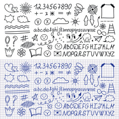 A collection of hand-drawn elements. Alphabet, numbers. Vector design.