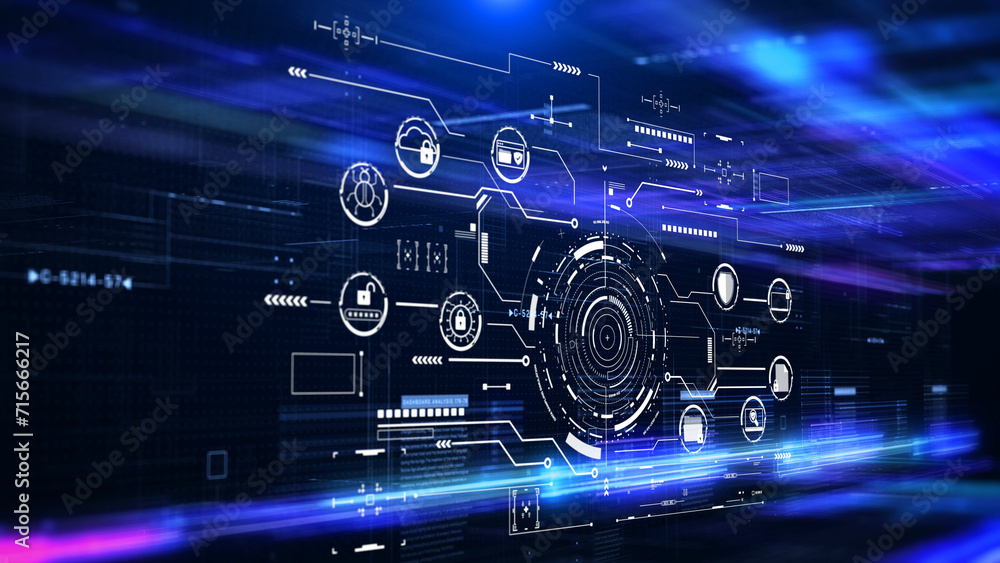 Aufkleber Technology data protection cyber security on digital data background. HUD circular with padlock privacy secure concept illustration.