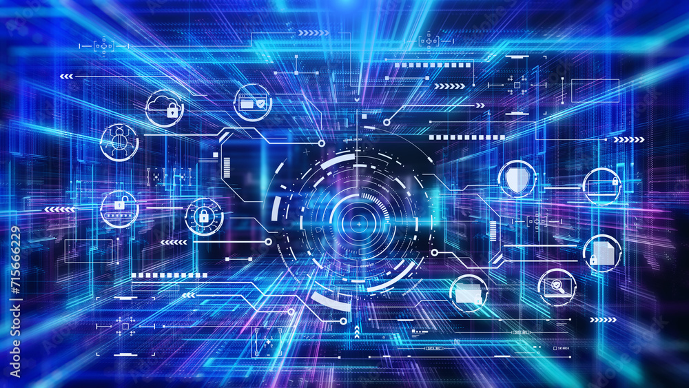 Poster Technology data protection cyber security on digital data background. HUD circular with padlock privacy secure concept illustration.